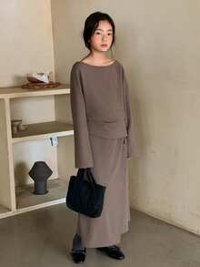 DAZY 2pcs/Set Tween Girls Crew Neck Knit Long Sleeve Top And Skirt Outfit, Fall