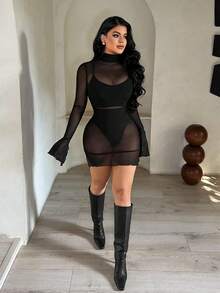 SHEIN SXY 时尚性感透视网纱立领喇叭袖迷你连衣裙 - 黑色 - 查看 3
