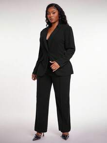 SHEIN SXY Plus Size Women 3-Piece Set: Long Sleeve Blazer, Camisole, And Pants, Sexy Outfit For Commute And Date, Deep Blue Autumn Winter Clothes For Women - Black - View 7