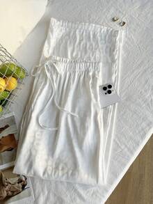 CovetEZ Quần ống rộng thường ngày họa tiết da báo trắng cỡ lớn có dây rút - trắng - Xem 5