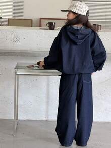 DAZY Tween Girl Drop Shoulder Button Half Placket Hoodie And Wide Leg Jeans Casual Suit - Blue - View 2