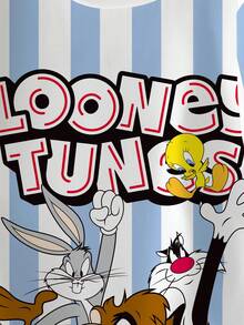 LOONEY TUNES X SHEIN Tween Boy Summer Casual Striped Letter & Cartoon Graphic Short Sleeve T-Shirt - White - View 3
