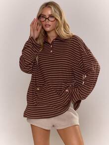 MUSERA Áo sơ mi dài tay cổ bẻ kẻ sọc dáng rộng, cài cúc, thích hợp cho mùa thu, ấm áp, dễ thương, thường ngày, đi cà phê, câu lạc bộ, mùa xuân, hè, ngày lễ. - Màu nâu Sô-cô-la - Xem 5