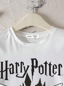 HARRY POTTER X SHEIN Tween Girl Casual Letter & Owl Print Short Sleeve T-Shirt, Summer - White - View 3