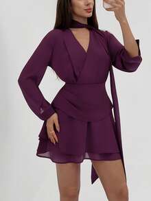 Aloruh Váy ngắn tay dài cổ chữ V sâu viền bèo nhún màu tím lãng mạn cho ngày hẹn hò dành cho nữ - Màu tím - Xem 5