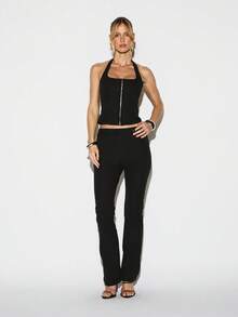 KIZN 罗纹修身低腰阔腿裤 Palazzo 款式长款休闲裤，带纽扣 - 黑色 - 查看 3