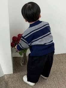 DAZY 幼儿男童V领条纹长袖毛衣，秋冬季 - 藍色 - 查看 2