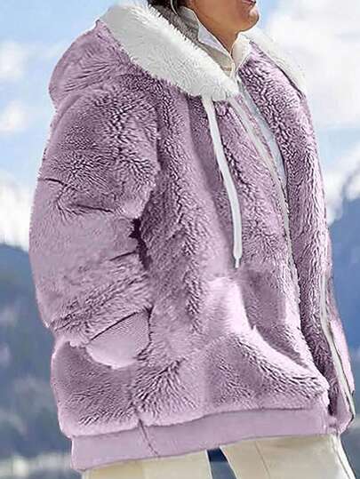 INAWLY New Autumn/Winter Women Plus Size Loose Plush Zip-Up Hooded Jacket Fall