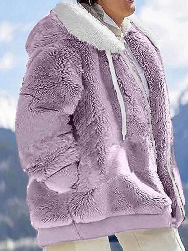 INAWLY New Autumn/Winter Women Plus Size Loose Plush Zip-Up Hooded Jacket Fall