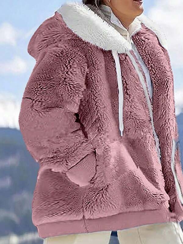 INAWLY Plus Size Women's Solid Color Contrast Color Faux Fur Collar Long Sleeve Jacket, Winter Fall Autumn