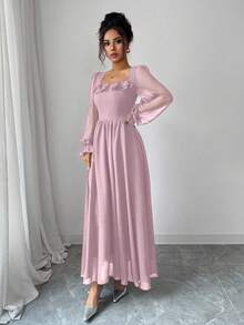 Modelyn French Style Waist Cinching Square Neck Ruffle Hem Dress - Pink - View 7