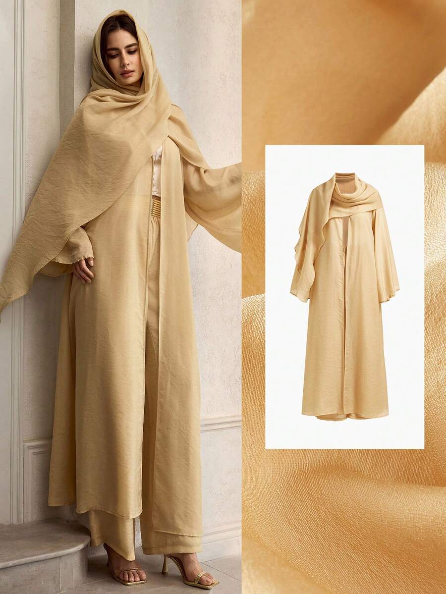 ZEYLAH New Vintage Loose Mid-Length V-Neck Embroidered Trim Long Sleeve Halter Cinched Waist Dress, SlimmingTwo Piecese Set For Women - Gold - View 1
