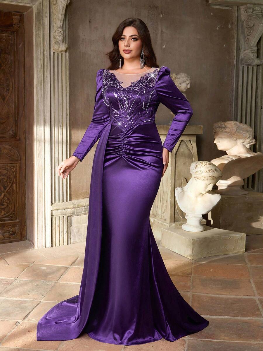 Aureia 大码优雅奢华紫色亮片拼接缎面圆领连衣裙，饰有奢华亮片贴花设计，长袖修身褶皱鱼尾下摆拼接连衣裙，适合晚宴、单身派对、约会、舞会、度假、婚礼、生日、盛大晚会（需盛装出席）、情人节等场合。