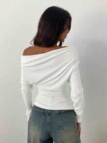 Aloruh Women's Casual Asymmetric T-Shirt, Twist Knot Solid Color T-Shirt For Daily Commute And Home Wear, Long Sleeve Knit T-Shirt With Floral Mesh - White - View 2