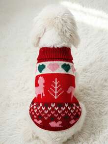 PETSIN 1 件宠物圣诞毛衣猫狗通用红色爱心几何公平岛图案提花时尚经典弹力舒适保暖狗毛衣 - 彩色 - 查看 3