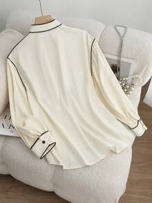 Franclia Siren Gaze 女士加大码上衣，100% 纯棉撞色滚边长袖衬衫，立领棉质衬衫，秋冬季，纽扣衬衫，西部风格上衣，纽扣衬衫，西部衬衫，女士西部纽扣衬衫，感恩节衬衫，女士休闲衬衫，校服衬衫，优雅女士衬衫 - 米色 - 查看 2