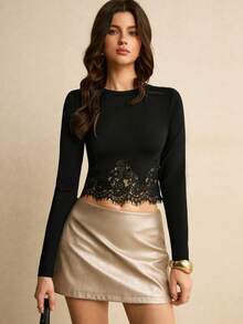 Poéselle Women's Black Round Neck Long Sleeve Contrast Lace Cropped Fitted Top,Elegant Casual Blouse,Night Out Work Outfit,Autumn Daily Commuting - Black - View 5