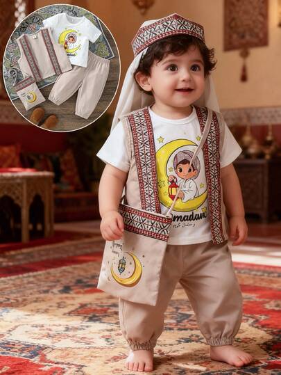 SHEIN Baby Boy Cute Moon Boy Print T-Shirt And Pants With Vest And Bag Full Set, Suitable For Outings, Vacations, Parties And More Occasions Baby Boy Arab Dress Baby Boy Clothing Toddler/Infant Unisex Summer Arab Baby Clothes Baby Boy Outfit Baby Boys Baby Arabic Clothing Baby Boy Party Baby Boy Arab Dress Baby Boy Party Wear Baby Boy Party Wear Arabic Dishdasha, Islamic Clothing,  Saudi Arabian Outfit, Baby Boy Traditional Clothes Baby Arab Outfit