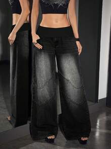 SHEIN PETITE Jeans anchos y sueltos de mujer con cintura de contraste, versátiles y casuales