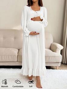 SHEIN 孕婦純色喇叭袖蝴蝶結裝飾荷葉邊下擺洋裝 孕期哺乳洋裝 白色 - 白色 - 查看 3