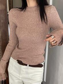 DAZY Lace Patchwork Slim Fit Women Pullover Sweater - Khaki - View 4