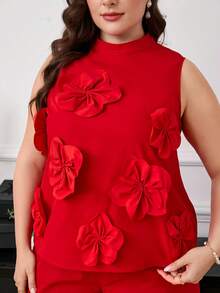 Ellevyn 大码女装两件套，优雅红色花卉图案两件套，派对礼服两件套，包含无袖上衣和长裤 - 紅色 - 查看 6