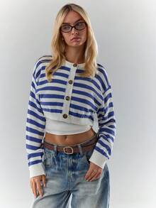 Glamine Women's Blue White Stripe Button-Up Knitted Long Sleeve Knit Top,Autumn Casual Back-To-School Cropped Nautical Sailor Preppy 70s Tops For School - Multicolor - View 4