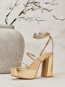 SHUZIA 女士时尚水钻绑带超高粗跟凉鞋 - 金色 - 查看 2