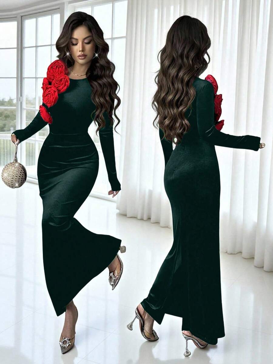 Rafferiza Vestido largo de mujer de cuello redondo, cintura ceñida y terciopelo con flores 3D para otoño/invierno, elegante para fiestas y eventos de Navidad - Verde Oscuro - Ver 1