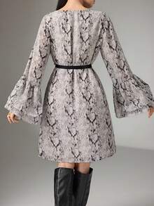 Heiryn Women's Random Print Long Sleeve Short Dress Layered Dress Ruched Cuff Dress Belted Dress Snake Print Dress - Multicolor - View 2