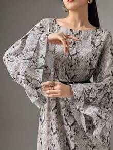 Heiryn Women's Random Print Long Sleeve Short Dress Layered Dress Ruched Cuff Dress Belted Dress Snake Print Dress - Multicolor - View 5