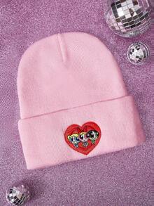 THE POWERPUFF GIRLS X SHEIN 1顶针织帽，饰有花朵、泡泡和毛茛刺绣，翻边设计，保暖时尚 - A - 查看 2