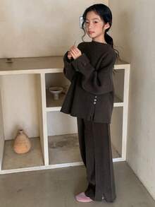 DAZY Tween Girl Solid Color Crew Neck Long Sleeve Sweater And Pants Casual Outfit