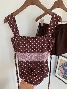 Comfortcana 2025秋冬新款时尚女装夏季撞色蕾丝波点印花宽肩带上衣，适合夏季、圣诞节、新年等各种场合，也可作为派对、沙滩、休闲度假波点上衣穿着。 - 棕色 - 查看 3