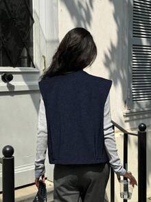 Serisse 女士休闲圆领无袖羊毛背心外套，秋冬季 - 藏蓝色 - 查看 2