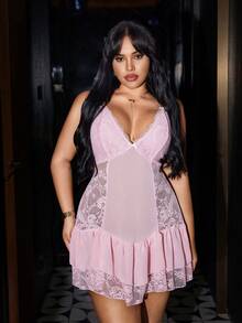 SilkySpell 性感时尚蕾丝拼接粉色大码睡裙，适合居家穿着 - 淺粉色 - 查看 3