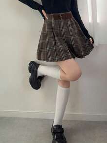 FRIFUL Gonna a-line casual e versatile da donna, con cintura in vita, decorata con pieghe e motivo a quadri, adatta per l'autunno/inverno - Castano - Visualizzare 2