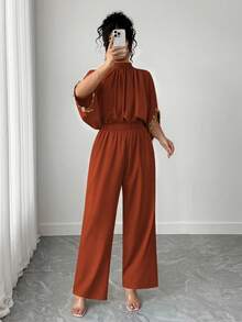 Elenzga 大码女士优雅短袖连体裤，立领，后背系带，刺绣袖口，适合休闲和派对穿着 - 鏽棕色 - 查看 3