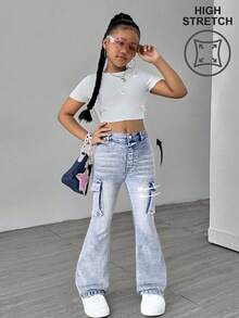 Tween Girls Jeans, Versatile Casual Flare Leg Jeans With Distressed Wash, Elastic Waist, Suitable For Spring, Summer, Autumn, Winter