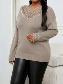 SHEIN Lady Autumn And Winter Elegant Commuting Office Khaki Worsted Round Neck Beaded Contrast Lace Long Sleeve Plus Size Sweaters Winter Clothes For Women Women's Winter Sweaters Winter Clothes Winter Sweaters For Women Going Out Top - Khaki - View 4