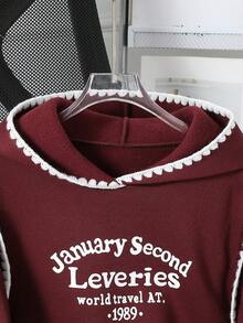 SHEIN 1pc Tween Girl Graphic English Print Pullover Sweatshirt, Burgundy, Autumn, Casual, School, Back-To-School Contrast Trim Design Comfortable Wear - Burgundy - View 3