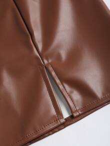 Sweetra 性感低腰时尚PU皮革开衩迷你裙，女士春夏款 - 鏽棕色 - 查看 5