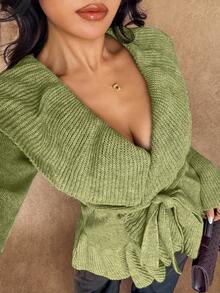 Islaluna Women's Basic Minimalist Elegant French Fashion Romantic Tie-Front Cardigan - Green - View 5