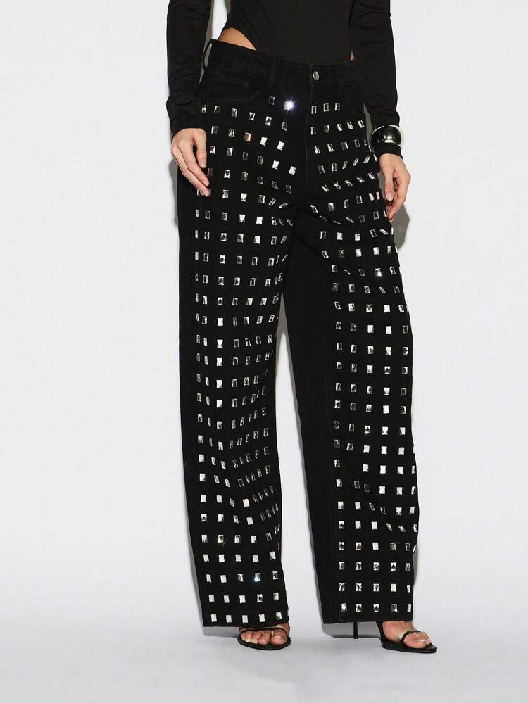 KIZN High Rise Studded Wide Leg Jeans