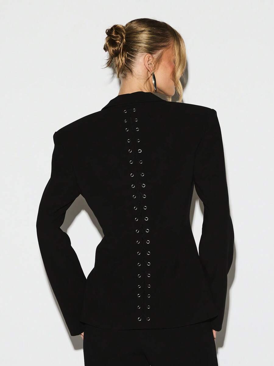 KIZN Lace Up Back Detail Structured Blazer With Deep V Neckline Long Sleeves Professional Office Wear Business Formal Jacket - Black - View 1