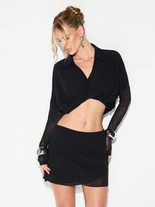 KIZN 层叠式A字迷你裙，带有透视网纱拼接和不对称裙摆细节，适合晚间场合 - 黑色 - 查看 3