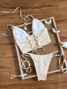 Swim Mod Trang phục đi biển nữ - Vải Jacquard họa tiết gợn sóng màu trơn, họa tiết đá cẩm thạch đính hạt trang trí, Bộ đồ bơi nữ thời trang giản dị gợi cảm ngọt ngào, áo tắm hai dây - Màu be - Xem 8