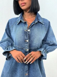 SHEIN PETITE Women's Fashion Pleated Loose Front Button Denim Dress With Raglan Sleeves - Medium Wash - View 4