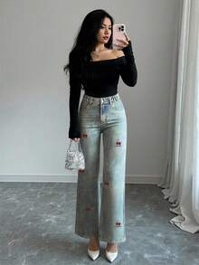 Teen Girls Cute Retro Vintage Light Blue Straight Leg Jeans,Y2K Aesthetic Loose Fit Cotton Denim With Embroidered Cherry,Summer Holiday Back-To-School - Light Wash - View 3