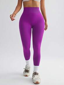Core Rhythm Damen einfarbige Leggings mit hoher Taille und nahtlosem Design, geeignet für tägliches Fitness-Yoga - Rot-violett - Übersicht 4